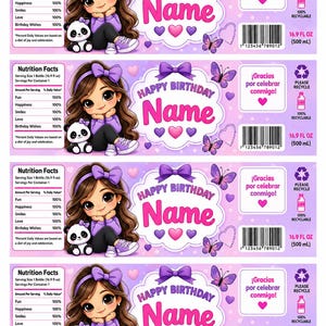 Puede incluir: Cuatro etiquetas rectangulares idénticas para botellas de agua con una niña de dibujos animados con cabello largo castaño y un lazo morado, un panda pequeño y mariposas. El texto dice Happy Birthday Name, Nutrition Facts y Gracias por celebrar conmigo.