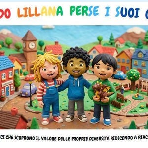 Può includere: Un'illustrazione in stile pongo con tre bambini in piedi insieme in un villaggio colorato. Il testo in alto recita QUANDO LILLANA PERSE I SUOI COLORI e il testo in basso recita L'AVVENTURA DI TRE AMICI CHE SCOPRONO IL VALORE DELLE PROPRIE DIVERSITÀ RIUSCENDO A RIACCENDERE L'ARCOBALENO... di Emanuela Guelfo.