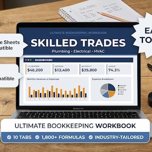 May include: A laptop screen shows a bookkeeping workbook for skilled trades, titled "Skilled Trades" and "Ultimate Bookkeeping Workbook." The screen displays financial data and is compatible with Google Sheets and Excel. Tools such as wire strippers and tape are on the wooden surface.