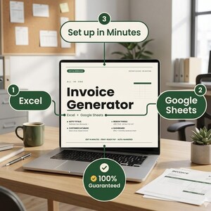 Op de afbeelding: Een laptop met een "Invoice Generator" interface, met opties voor Excel en Google Sheets. De tekst "Set up in Minutes" en "100% Guaranteed" worden weergegeven. Een groene mok en een vetplant zijn ook zichtbaar.