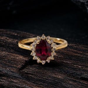 Oval Ruby Halo Ring, 1.25 CT July Birthstone Engagement Ring, Diamond Cluster Jewelry