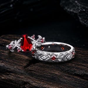 Sterling Silver Garnet Twig Leaf Couple Rings Set, Nature Inspired Wedding Bands