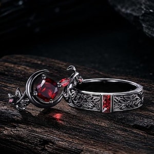 Garnet Couple Ring Set: Crescent Moon, Twig Leaf, Gothic Black Gold Engagement Promise Rings