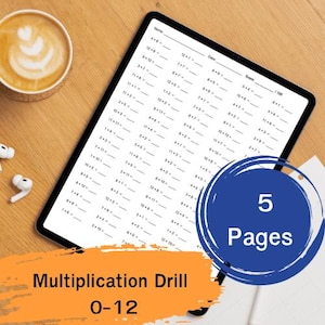 May include: A digital tablet showing a multiplication drill worksheet with sums to solve. The worksheet is labelled "Multiplication Drill 0-12" and includes the text "5 Pages". A cup of coffee and earbuds are on a wooden surface.