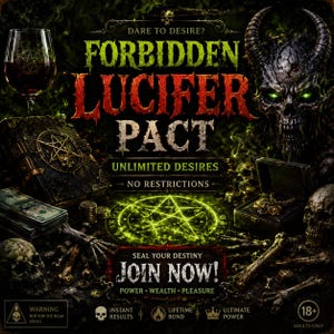 May include: A dark graphic poster titled FORBIDDEN LUCIFER PACT with a horned skull, a glowing green pentagram, a wine glass, a stack of cash, and human bones. The text includes DARE TO DESIRE, UNLIMITED DESIRES, NO RESTRICTIONS, JOIN NOW, POWER, WEALTH, PLEASURE, and 18+.