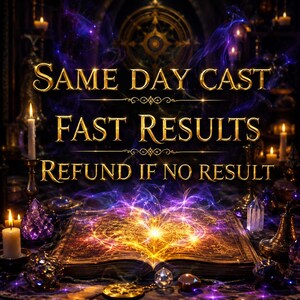 May include: An open book with glowing golden light emanating from its pages, surrounded by purple smoke, candles, and crystals. The text reads: SAME DAY CAST, FAST RESULTS, REFUND IF NO RESULT, displayed in a metallic gold font against a dark background.
