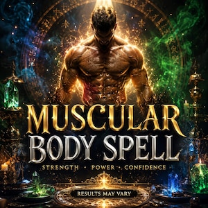 May include: A digital graphic featuring a muscular figure surrounded by glowing green and gold light, with the text MUSCULAR BODY SPELL, STRENGTH, POWER, CONFIDENCE, and RESULTS MAY VARY. The scene includes ornate candle holders and crystals.
