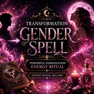 May include: Digital art featuring the words "TRANSFORMATION GENDER SPELL" with a silhouette of a person transforming into a woman. The image includes a book, candles, and a potion bottle, all in a mystical, fantasy theme.