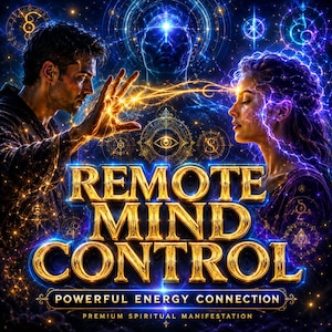 May include: A digital graphic featuring the text REMOTE MIND CONTROL, POWERFUL ENERGY CONNECTION, and PREMIUM SPIRITUAL MANIFESTATION in gold lettering. The image displays two figures facing each other with glowing golden and blue energy.