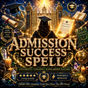 May include: A digital graphic featuring a graduate in a cap and gown standing before university gates. Text reads ADMISSION SUCCESS SPELL, UNIVERSITY, COLLEGE, SCHOLARSHIP SUCCESS, 5 STAR RATED, POWERFUL RESULTS, and Manifest Your Acceptance. Create Your Future. Live Your Dream.