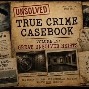Puede incluir: Una carpeta de color tostado titulada Unsolved True Crime Casebook Volume 19 con textos e imágenes de D.B. Cooper, la bóveda de diamantes de Amberes y el museo Isabella Stewart Gardner. La portada incluye They Got Away y What's Your Verdict.