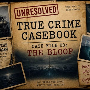 Op de afbeelding: Een vintage-stijl dossier getiteld UNRESOLVED TRUE CRIME CASEBOOK CASE FILE 00: THE BLOOP. Het bevat een donkere oceaan, een NOAA-hydrofoonarray, een kaart, een ijsberg en tekst over een mysterieus onderwatergeluid gedetecteerd over 5000KM.