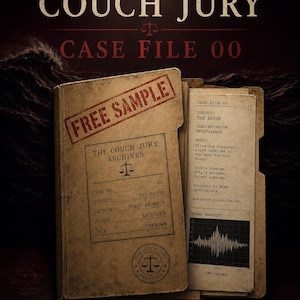 May include: A vintage-style illustration of a case file titled "The Couch Jury: Case File 00." The file is labeled "Free Sample" and details a "Sonic Anomaly" called "The Bloop." Includes sonar readout.