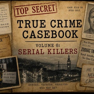 May include: A True Crime Casebook Volume 8 Serial Killers file folder featuring a top secret stamp, a sketch of the Golden State Killer, a San Francisco Chronicle newspaper clipping about the Zodiac, and a photograph of a Green River victims memorial.