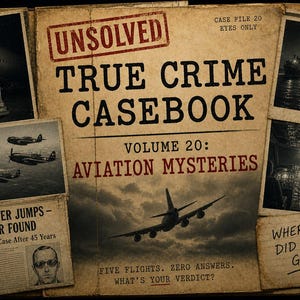 以下が含まれることがあります： Unsolved True Crime Casebook Volume 20: Aviation Mysteriesというタイトルのベージュ色のケースブック。表紙には飛行機、船、肖像画のヴィンテージ風写真が掲載されており、DB Cooper Jumps - Never FoundやWhere Did They Goといったテキストが含まれています。