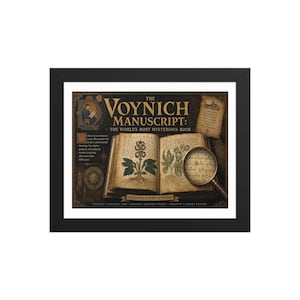 May include: A framed print titled The Voynich Manuscript: The World's Most Mysterious Book. It features an open antique book with botanical illustrations, a magnifying glass, and descriptive text on a dark, textured background with gold accents.