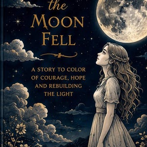 Puede incluir: Una portada de libro titulada When the Moon Fell, A Story to Color of Courage, Hope and Rebuilding the Light, A Coloring Story for Adults. Muestra a una persona con cabello largo y ondulado mirando hacia una luna llena en un cielo nocturno estrellado.