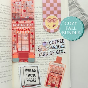 Fall Bookish Bundle, Cozy Reader Gift Set, Autumn Bookstore Bookmark, Magnetic Bookmark, Reading Stickers, Book Lover Present