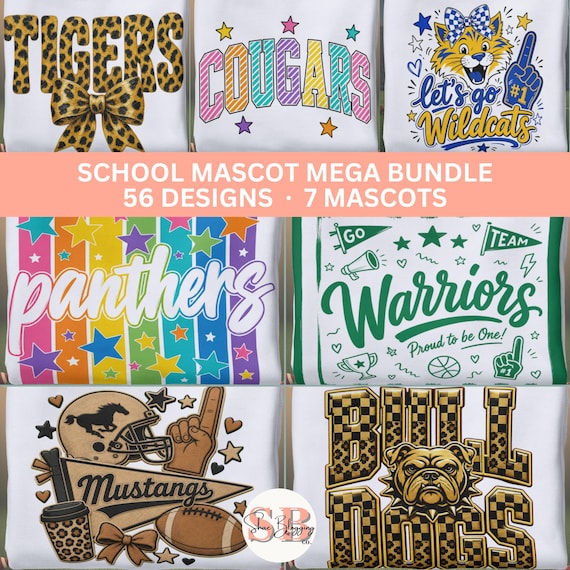 → View on Etsy: School Mascot PNG Mega Bundle, 56 Game Day Spirit Sublimation Designs, 7 Mascots School Mascot PNG Mega Bundle, 56 Game Day Spirit Sublimation Designs, 7 Mascots