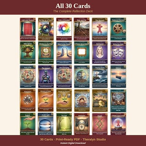 Może przedstawiać: Kolekcja 30 kart do refleksji zatytułowana All 30 Cards The Complete Reflection Deck. Każda karta zawiera unikalną ilustrację oraz konkretne pytanie do autorefleksji, ułożone w siatkę z różnorodnymi, kolorowymi wzorami i grafikami.
