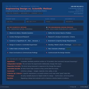 May include: A dark blue educational worksheet titled Engineering Design vs. Scientific Method. It features two columns comparing the Scientific Method and the Engineering Design Process, with sections for student name, date, and key vocabulary definitions.
