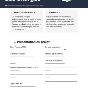 Puede incluir: Un documento blanco titulado Cahier des charges con un encabezado azul oscuro, un icono de marca de verificación verde y secciones que explican el propósito y la audiencia. El formulario incluye campos para presentación del proyecto, nombre, dirección, m2.