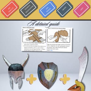 May include: A craft kit featuring a horned helmet, a shield, and a curved sword, accompanied by a printed instructional guide titled A detailed guide. The guide includes diagrams for cutting and folding cardboard, with text in Spanish.