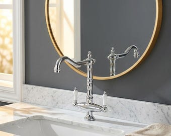 Torneira de banheiro em latão | Latão maciço | Luxo tradicional | Acabamento cromado polido | Torneira de ponte elegante em estilo vintage para lavatório