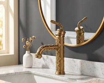 Torneira de banheiro em latão | Latão maciço | Luxo minimalista | Acabamento em ouro escovado | Torneira de pia com monocomando e padrão gravado