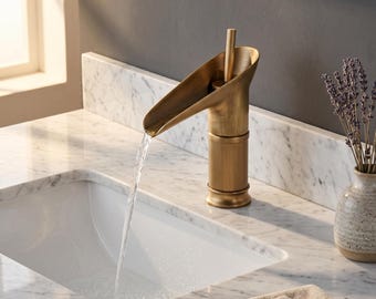 Brass Bathroom Faucet | Solid Brass | Modern Minimalist | Brushed Finish | Luxury Vessel Sink Waterfall Spout
