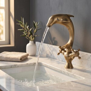 May include: A bronze-colored dolphin-shaped faucet with water flowing into a white sink. The faucet has cross-shaped handles and is set against a marble countertop. A white vase with olive branches and a folded towel are also visible.