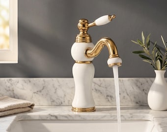 Torneira para banheiro | Latão maciço | Estilo vintage luxuoso | Acabamento em ouro escovado | Misturador monocomando elegante para cubas de apoio