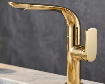 Torneira de banheiro em latão | Latão maciço | Minimalista moderna | Acabamento em ouro escovado | Monocomando | Torneira de luxo para cuba de apoio