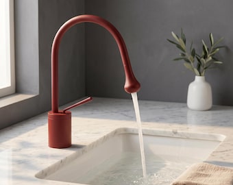 Torneira de banheiro em latão | Latão maciço | Minimalista moderna | Acabamento em cobre escovado | Bica alta e elegante | Acessórios de luxo para pia