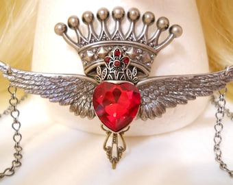 Heart Crown Wings Necklace Silver Ruby Red Heart Valentines Day Gift Harley Davidson Queen of Hearts Sacred Heart Queen Heart King Christmas