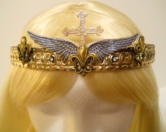 Gold Cross Crown Tiara Wings Queen Joan of Arc Saint Easter King First Communion Conformation Christian Catholic Mardi Gras Costume Prince