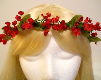 Coroa de flores vermelhas, guirlanda de cabeça com pequenas flores vermelhas, flores vermelhas minúsculas, casamento vermelho, Dia dos Namorados, Natal, feriado, coroa de flores vermelha para noiva e daminha de honra.