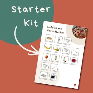Könnte beinhalten: Eine Rezeptkarte mit dem Titel Muffins mit Haferflocken, die ein Raster aus illustrierten Zutaten und Schritten zeigt, darunter Haferflocken, Milch, Banane, Ei, Agavendicksaft, Zimt und Himbeeren, mit einem Foto fertiger Muffins oben rechts.