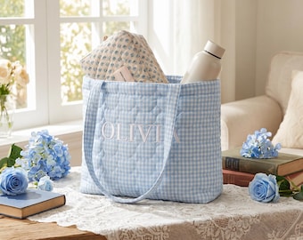 Personlig quiltad tygväska, broderad namnväska, presentväska till brudtärna, välkomstväska till bröllop, personlig bärväska med initialer