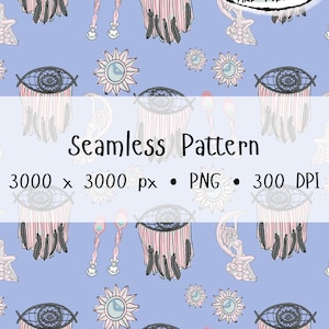 Puede incluir: Patrón sin costuras con atrapasueños, soles y elementos celestiales en rosa, gris y negro sobre un fondo azul claro. El texto "INKED IN ASH AND HEART" está en una burbuja negra en forma de corazón. El texto "Seamless Pattern" también está presente.