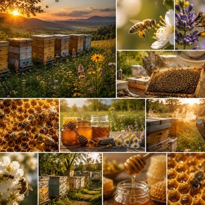 Pode incluir: Uma colagem de imagens que mostram a apicultura. Inclui close-ups de favos de mel, abelhas em flores, potes de mel e colmeias em um campo ao pôr do sol. As imagens destacam o processo de produção de mel.