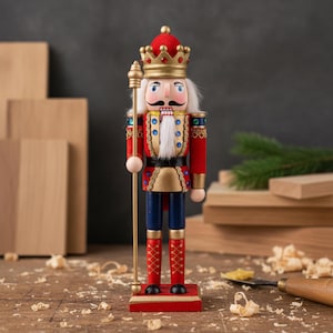 Puede incluir: Una figura de cascanueces de madera con uniforme rojo y dorado y una corona a juego. La figura tiene barba blanca, bigote negro y sostiene un bastón dorado alto. Se apoya sobre una base rectangular roja, con adornos dorados y detalles azules en la chaqueta y las botas.