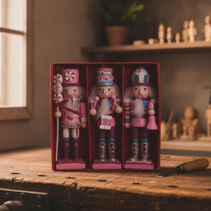 Könnte beinhalten: Ein Set aus drei hölzernen Nussknacker-Figuren in einer roten Schachtel, jeweils in Rosa und Violett gehalten. Die Figuren umfassen einen Nussknacker mit Süßigkeiten-Motiv, einen mit Torte und einen mit Cupcake, alle mit glitzernden Akzenten.