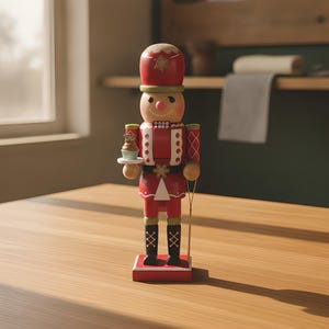 Peut inclure: Une figurine de casse-noisette en bois peinte en rouge, blanc et vert. Le personnage porte un haut chapeau rouge avec une étoile, une veste rouge à bordure blanche et des bottes noires. Il tient une petite assiette blanche avec un cupcake.
