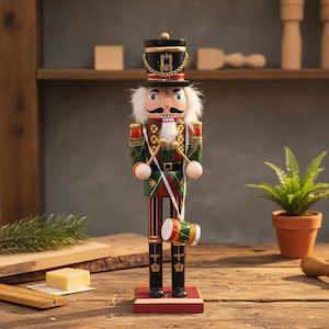 Puede incluir: Una figura de cascanueces de madera vestida de tamborilero con un uniforme negro, verde y rojo con detalles dorados. La figura presenta un sombrero negro alto, pelo y barba de piel sintética blanca, y sostiene dos baquetas sobre un tambor.