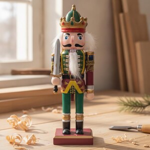 Può includere: Una statuetta schiaccianoci in legno con corona verde e oro, giacca verde con dettagli gialli e maniche rosse. La figura ha una barba bianca, tiene una spada argentata nella mano destra e poggia su una base rettangolare di colore rosso.