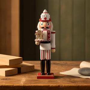Può includere: Una figura decorativa di schiaccianoci con colori bianco e rosso, che indossa un cappello a forma di cupcake e tiene un piccolo biscotto omino di pan di zenzero su un vassoio. La figura ha capelli bianchi e una base rossa.
