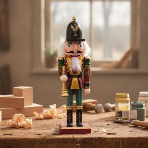 May include: A wooden nutcracker figurine featuring a black helmet with gold wheat detailing, a white faux fur beard, and a red, yellow, and green uniform. The figure holds a gold trumpet and stands on a rectangular red base with painted accents.