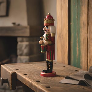 Può includere: Una statuetta schiaccianoci in legno con una corona dorata con accenti rossi, un'uniforme rossa e verde e stivali neri. La figura ha capelli e barba bianchi e tiene due bacchette sopra un piccolo tamburo verde e rosso sul petto.