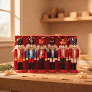 Puede incluir: Un conjunto de seis adornos de cascanueces decorativos dispuestos en una caja de cartón roja. Cada cascanueces presenta un uniforme único, un rostro pintado con barba de pelo sintético blanco y un cordón dorado para colgar en el sombrero.